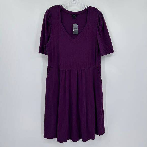 NWT Torrid Slub Mini Dress with Puff Sleeves Pockets Plum Womens Size 1 (14-16) - Picture 3 of 12